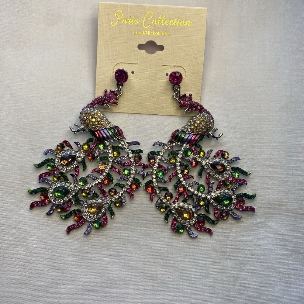 Rhinestone Peacock Earrings Party Elegant Bling Multicolor